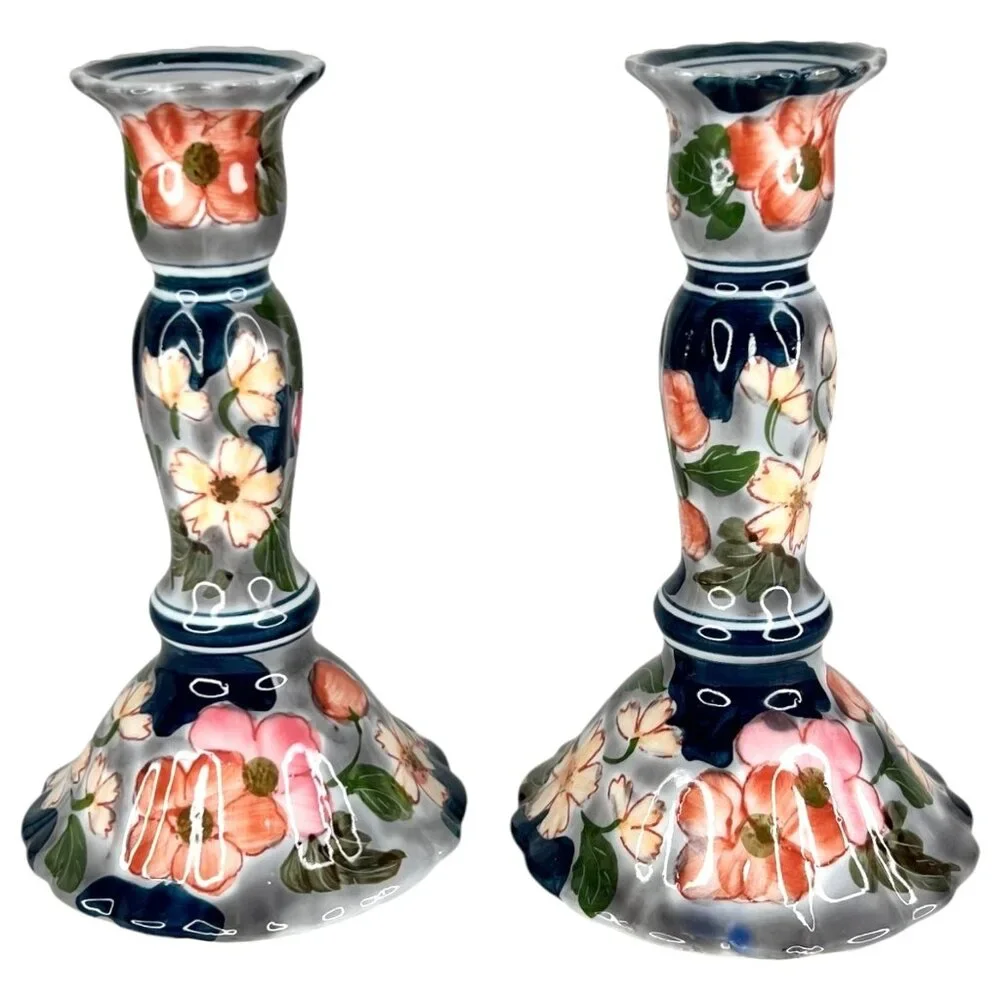 2 Andrea By Sadek Blue Floral Ceramic Candlestick Holders Hand Painted Set Pair - Picture 1 of 6